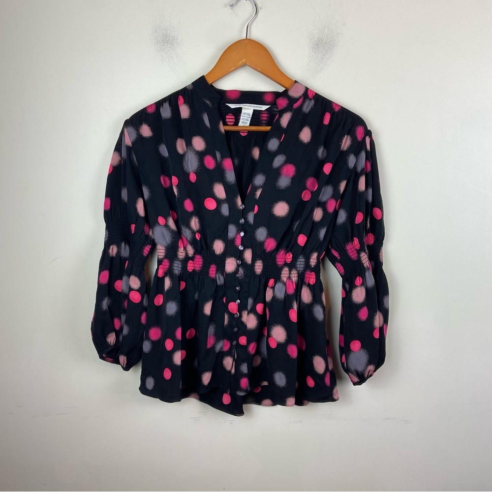 Diane Von Furstenberg Silk‎ Blouse Womens 2 Black Pink Polka Dot Vintage Y2K